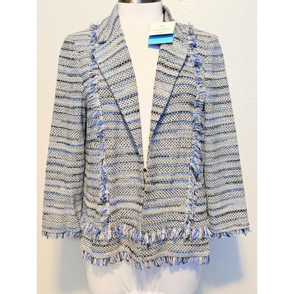 NWT MING WANG Black Blue Striped Fringe Tweed Knit Cardigan Sweater Jacket sz.M